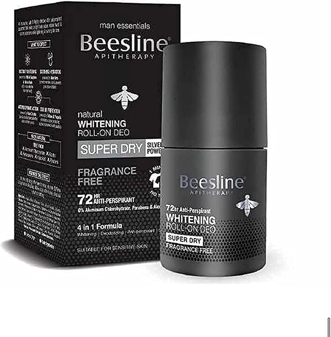 Beesline Whitening Roll-On Deodorant Super Dry Silver Power - Fragrance Free For Men 72h Protection - 50 ml